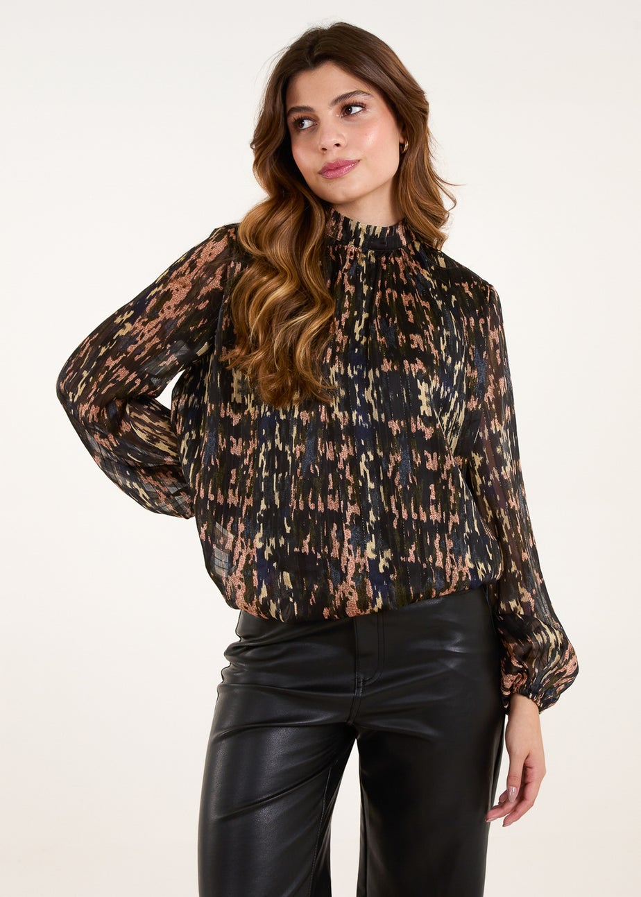 Blue Vanilla Black High Neck Abstract Cuff Sleeve Blouse