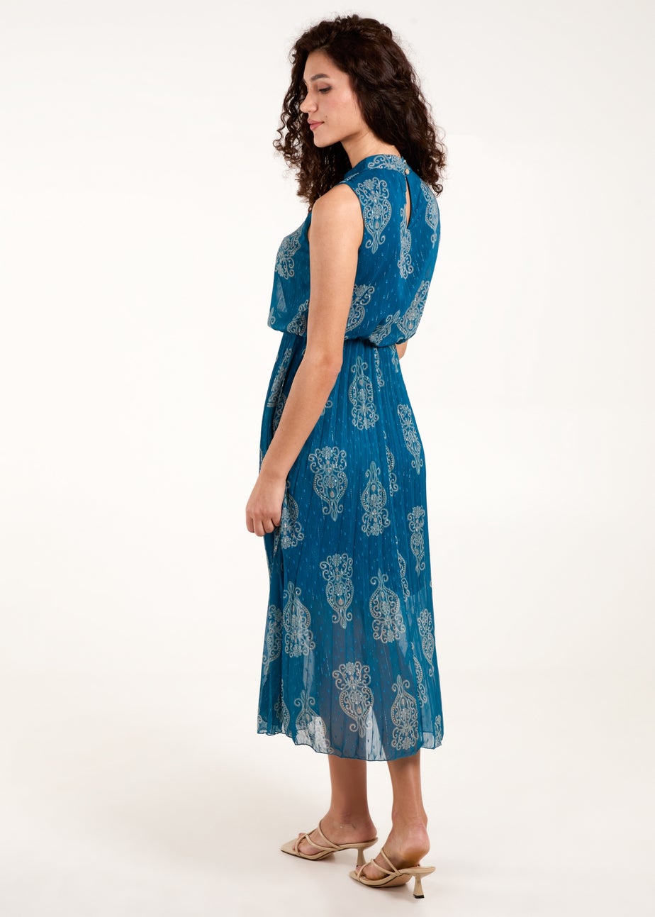 Blue Vanilla Teal Metallic Sleeveless Pleated Dress