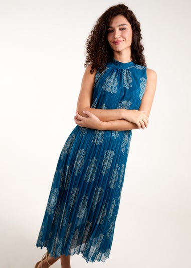 Blue Vanilla Teal Metallic Sleeveless Pleated Dress