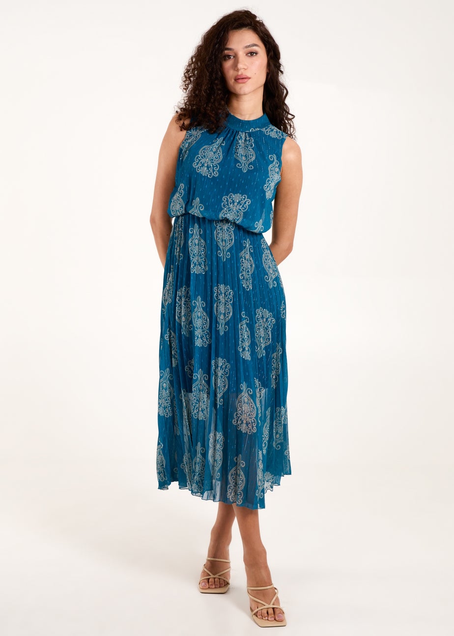 Blue Vanilla Teal Metallic Sleeveless Pleated Dress