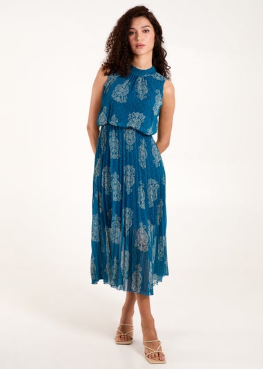 Blue Vanilla Teal Metallic Sleeveless Pleated Dress