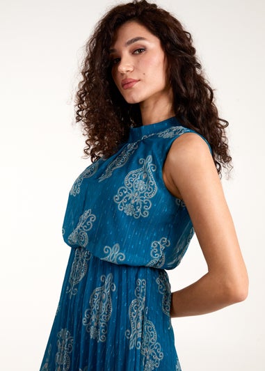 Blue Vanilla Teal Metallic Sleeveless Pleated Dress