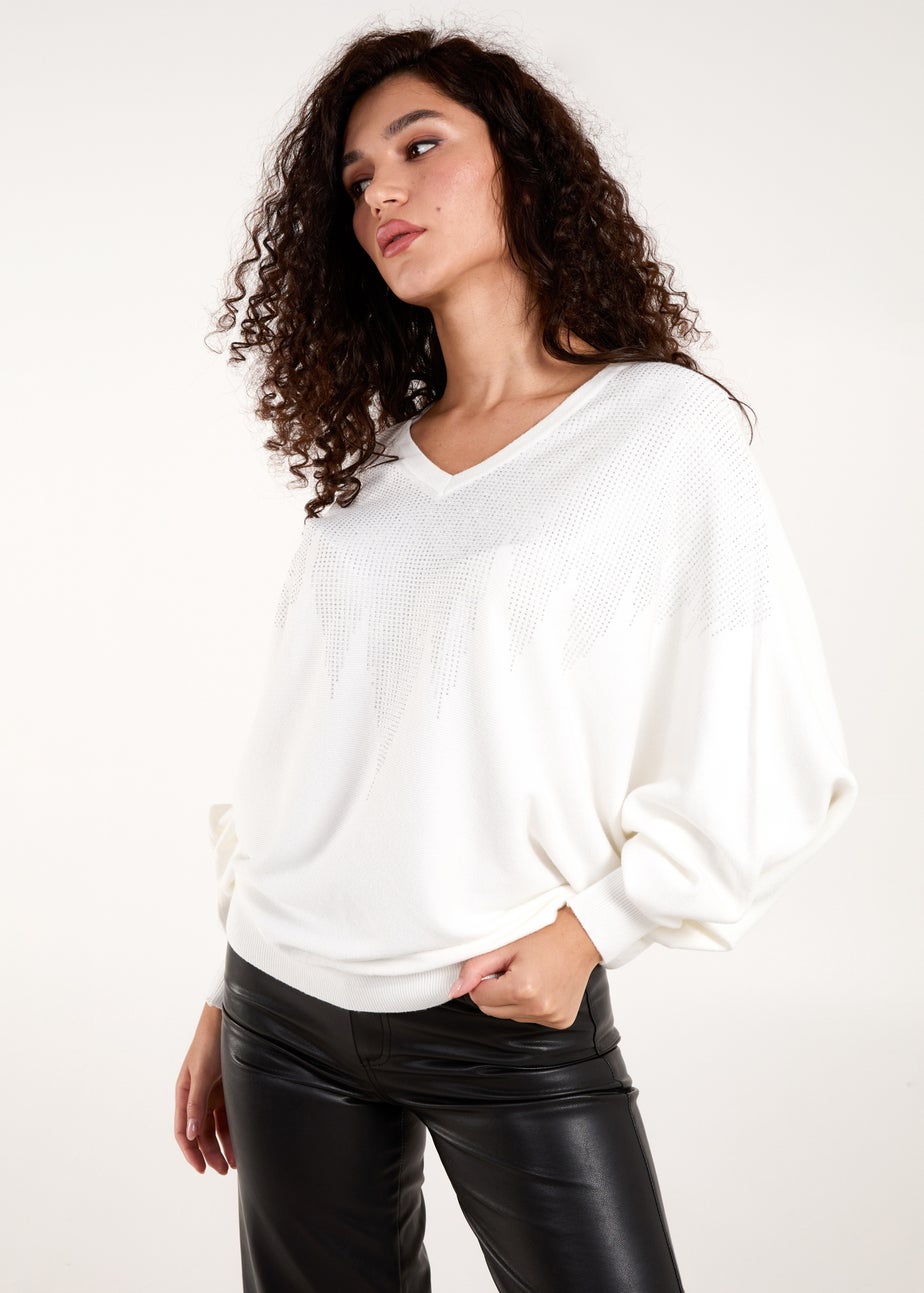 Blue Vanilla Ivory V Neck Diamante Jumper