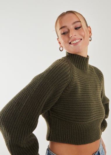 Pink Vanilla Khaki High Neck Knitted Jumper