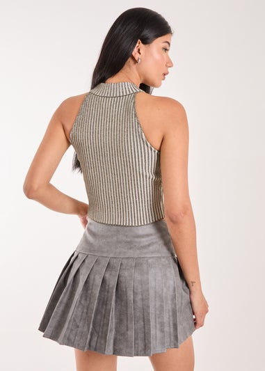 Pink Vanilla Khaki High Neck Logo Detail Racer Top