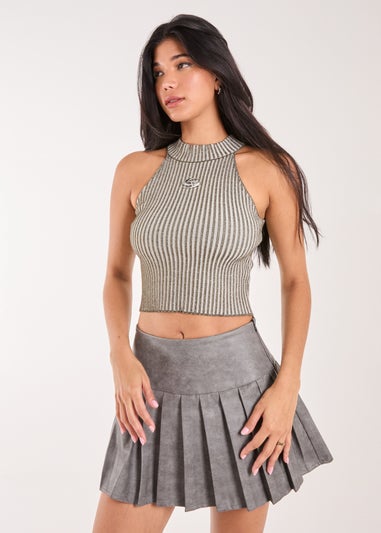 Pink Vanilla Khaki High Neck Logo Detail Racer Top