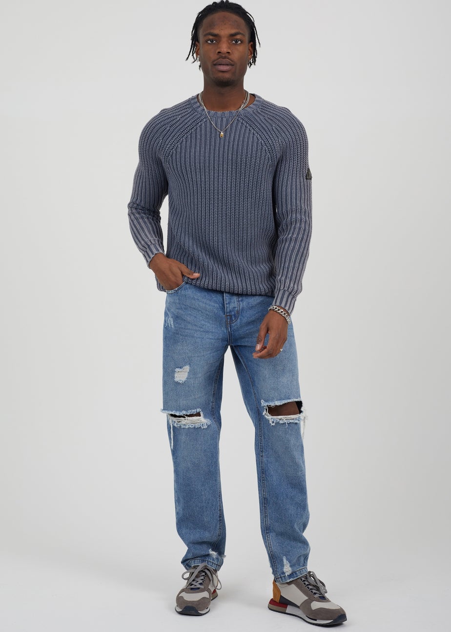Brave Soul Blue Cotton Crew Neck Acid Wash Rib Knit Jumper