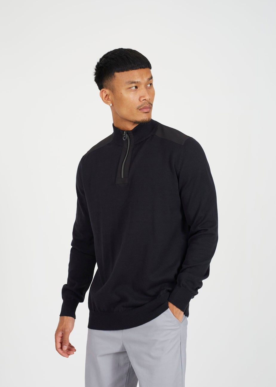 Brave Soul Black Cotton Quarter Zip Funnel Neck Contrast Knit Jumper