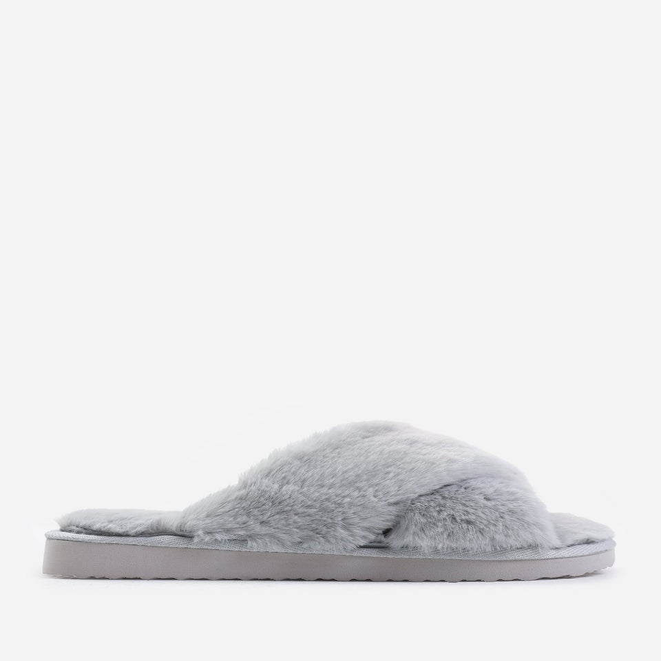 Where's That From Weekend Grey Cross Over Fluffy Slippers
