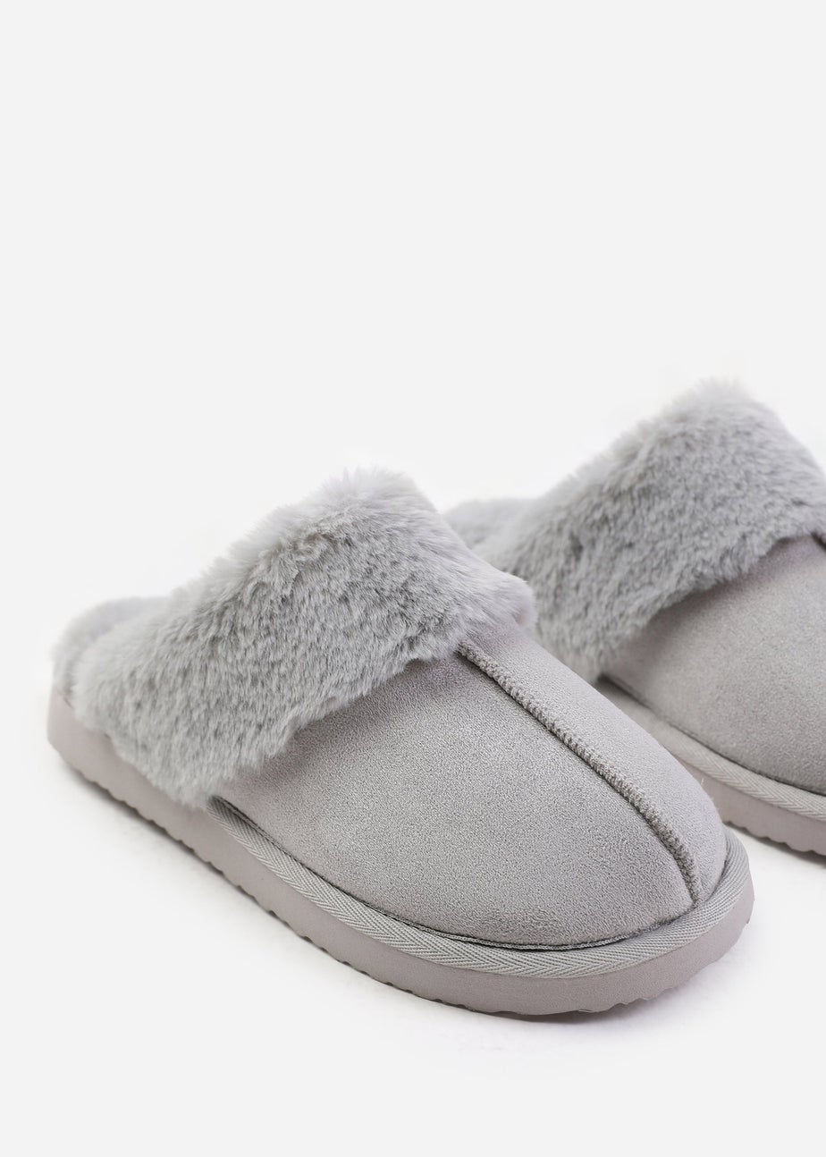 Where's That From Lounge Grey Suede Slippers With Fur Trim