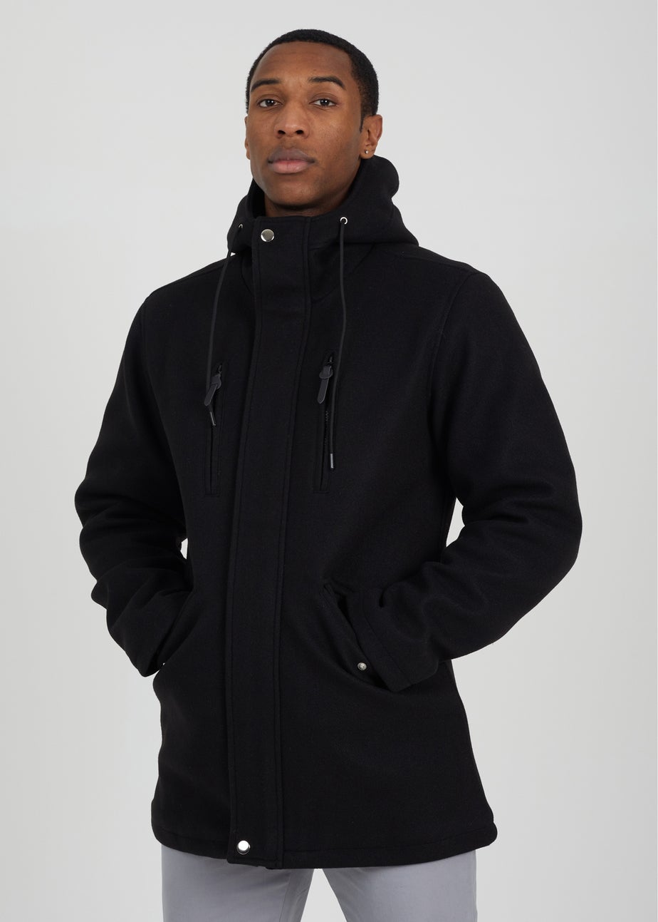 Brave Soul Black Faux Wood Hooded Parka Jacket