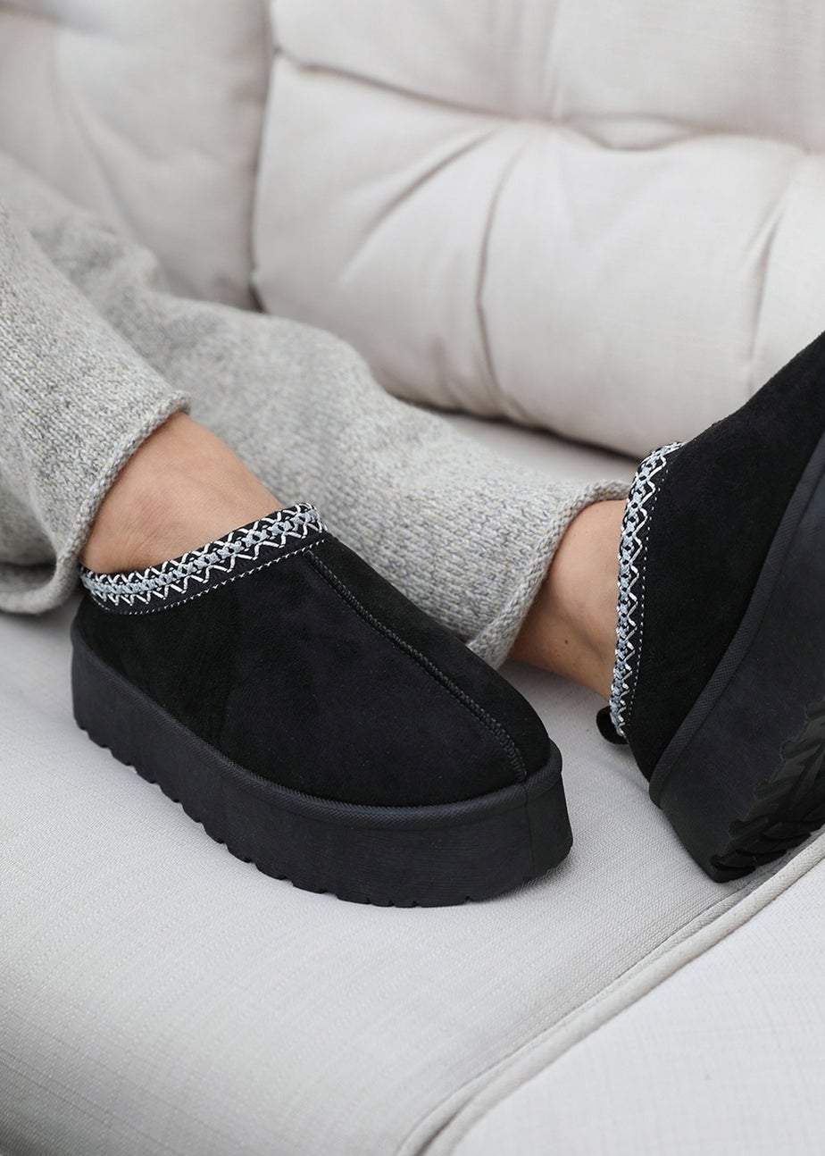 Where's That From Allegra Black Faux-Suede Embroidered Ankle Slipper Boots