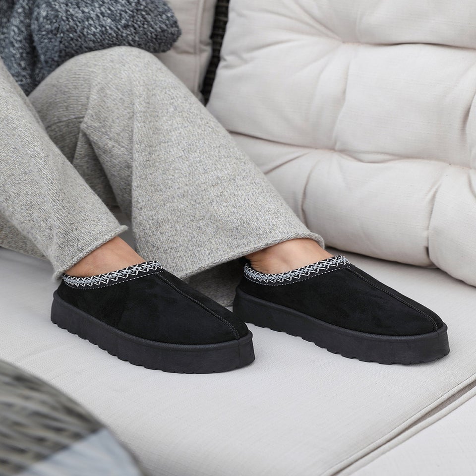 Where's That From Allegra Black Faux-Suede Embroidered Ankle Slipper Boots