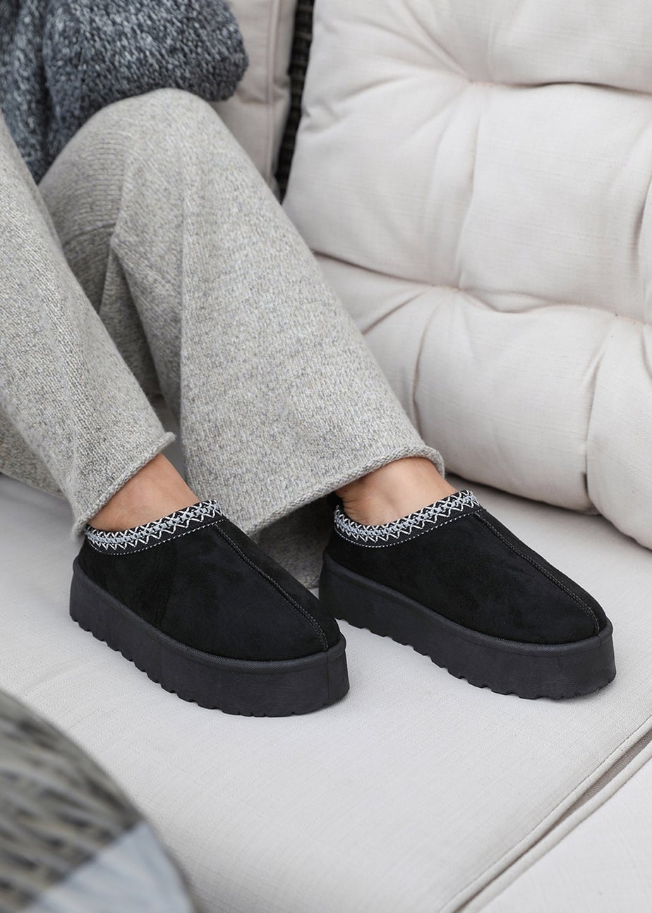 Where's That From Allegra Black Faux-Suede Embroidered Ankle Slipper Boots