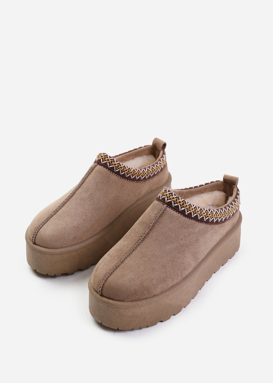 Where's That From Allegra Camel Faux-Suede Embroidered Ankle Slipper Boots