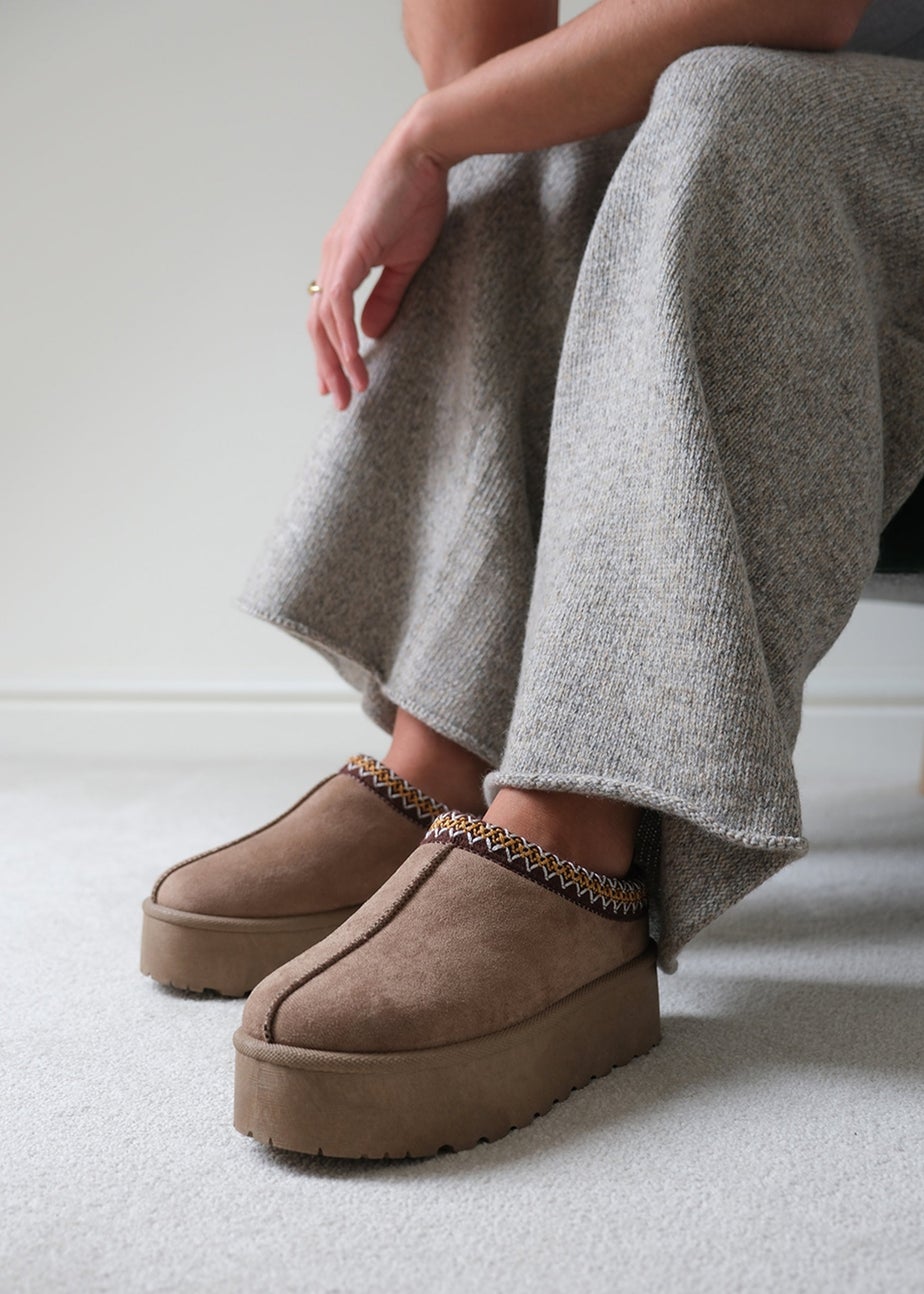 Where's That From Allegra Camel Faux-Suede Embroidered Ankle Slipper Boots
