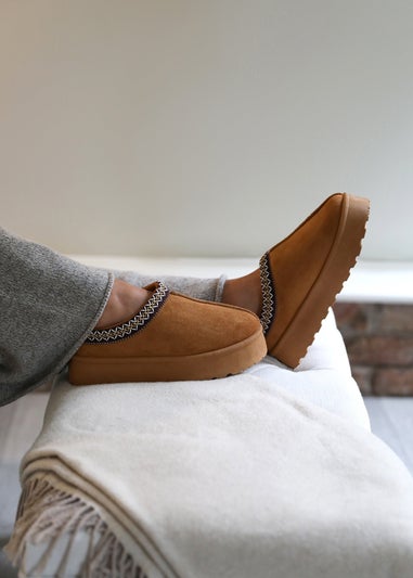 Where's That From Allegra Chestnut Faux-Suede Embroidered Ankle Slipper Boots