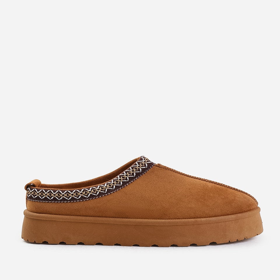 Where's That From Allegra Chestnut Faux-Suede Embroidered Ankle Slipper Boots