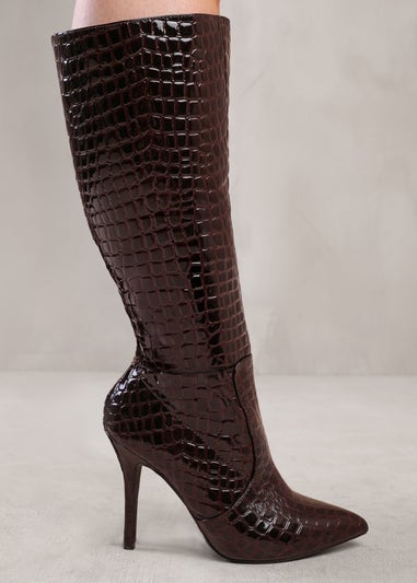 Where's That From Brown Croco Zoya Wide Calf Heeled Boots
