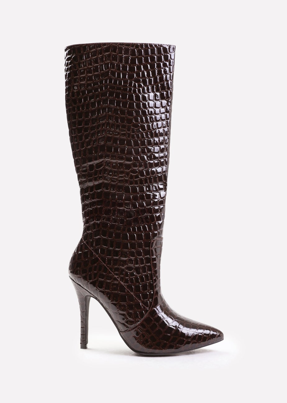 Where's That From Brown Croco Zoya Wide Calf Heeled Boots