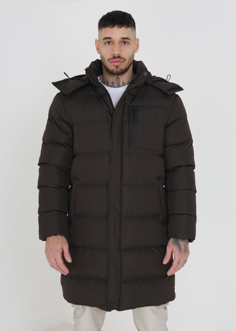 Brave Soul Brown Longline Hooded Padded Puffer Jacket