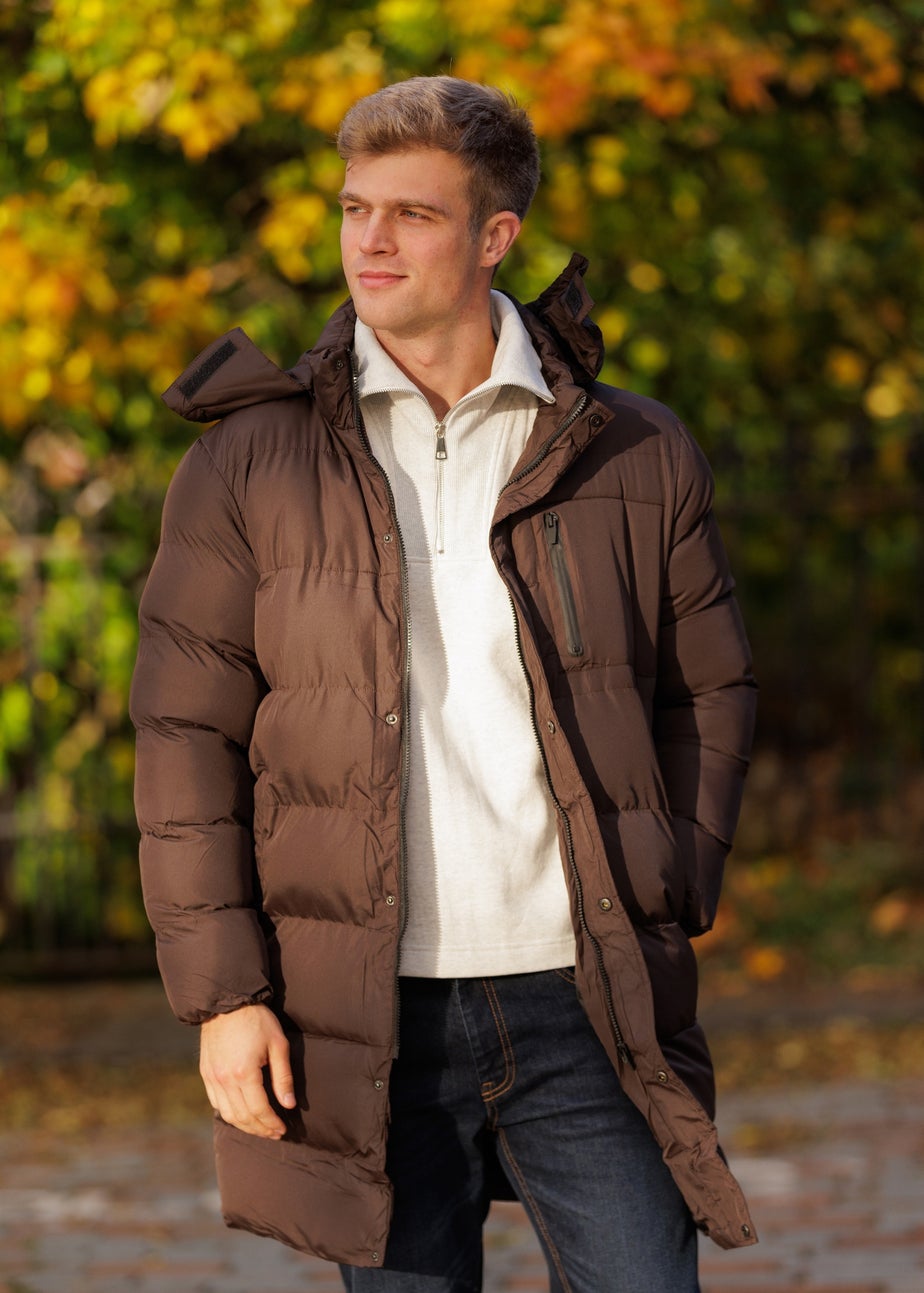 Brave Soul Brown Longline Hooded Padded Puffer Jacket