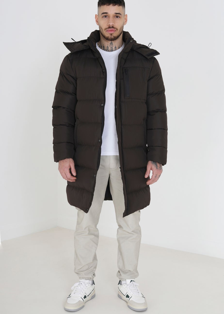 Brave Soul Brown Longline Hooded Padded Puffer Jacket