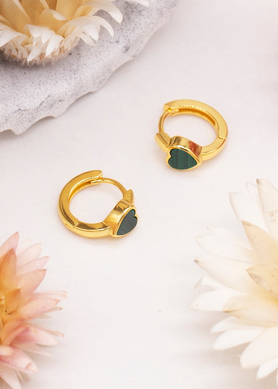 Golden Moments Yellow Gold Plated Heart Malachite Huggy Earrings