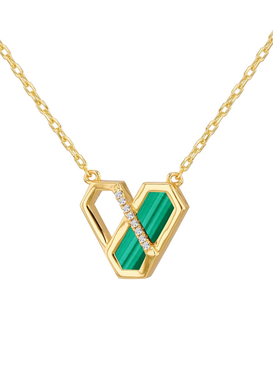 Golden Moments Yellow Gold Plated Hexagon Malachite Necklace
