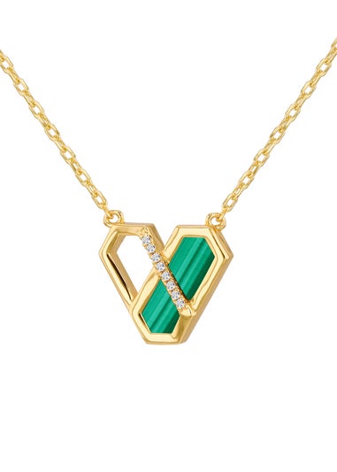 Golden Moments Yellow Gold Plated Hexagon Malachite Necklace