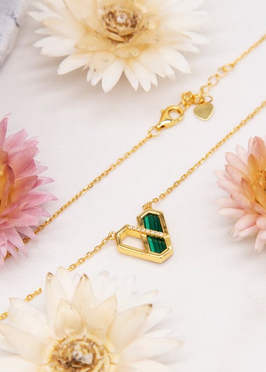 Golden Moments Yellow Gold Plated Hexagon Malachite Necklace