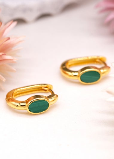 Golden Moments Yellow Gold Plated Oval Malachite Huggy Earrings