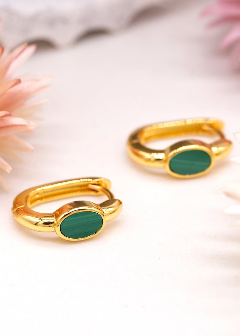 Golden Moments Yellow Gold Plated Oval Malachite Huggy Earrings