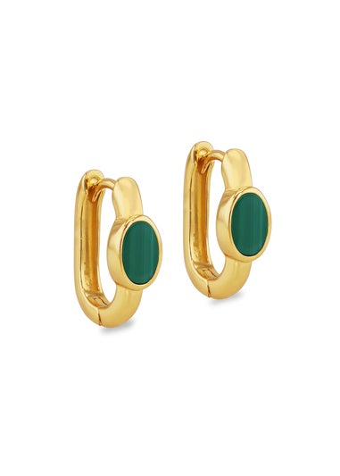 Golden Moments Yellow Gold Plated Oval Malachite Huggy Earrings