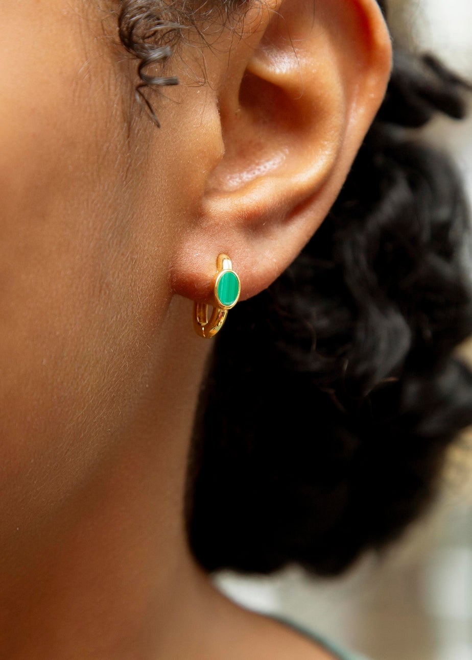 Golden Moments Yellow Gold Plated Oval Malachite Huggy Earrings
