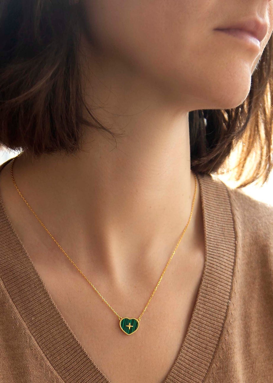 Golden Moments Gold Plated Heart Malachite with Cross Detail Necklace