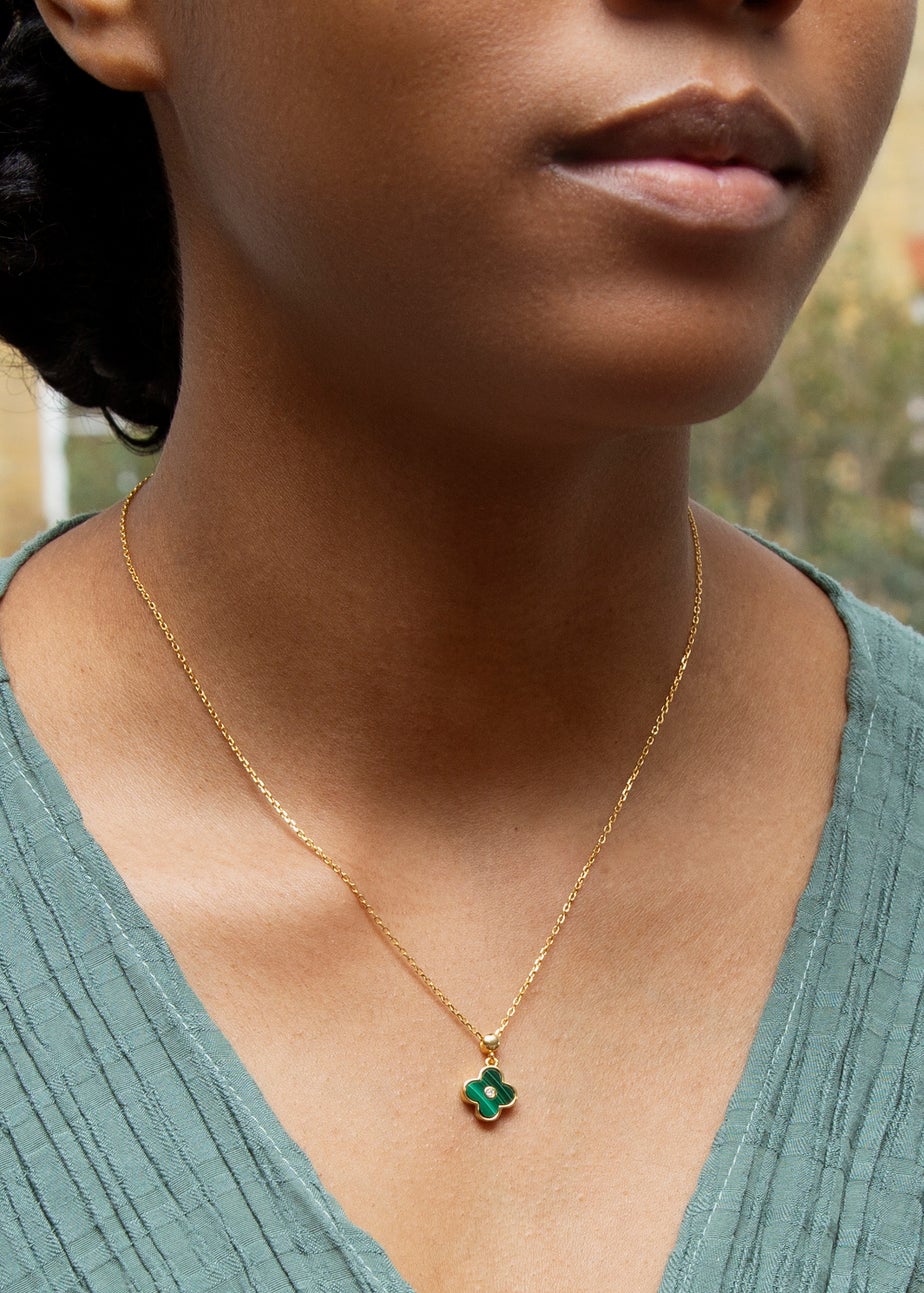 Golden Moments Yellow Gold Plated Clover Malachite and CZ Necklace