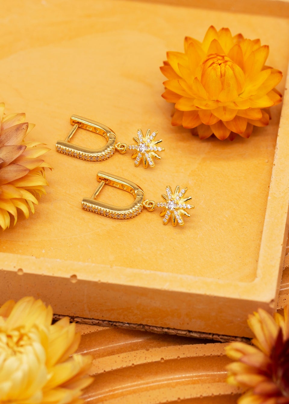 Golden Moments Gold Plated White CZ Star Drop Huggy Earrings