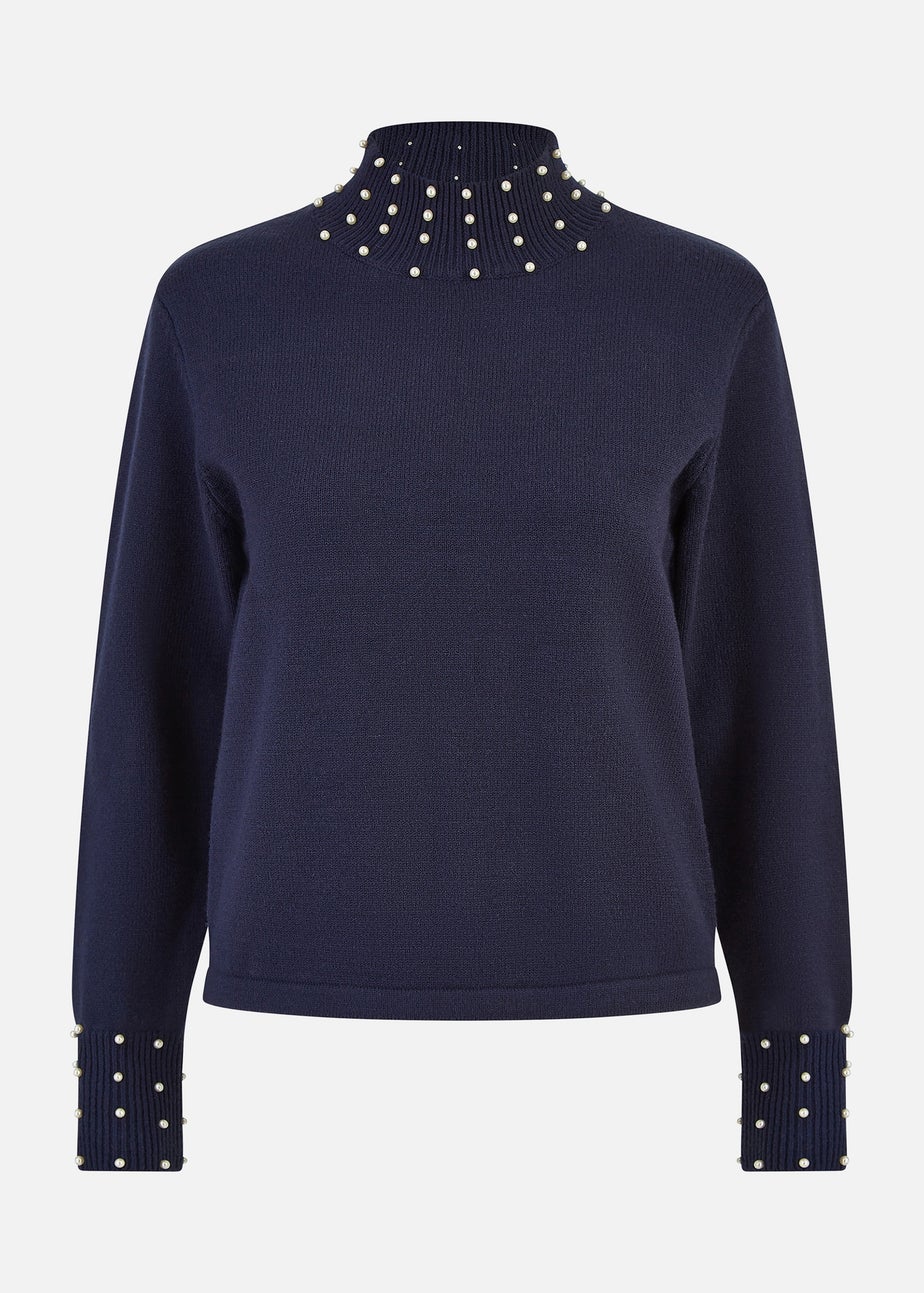 Mela Navy Pearl Detail High Neck Jumper