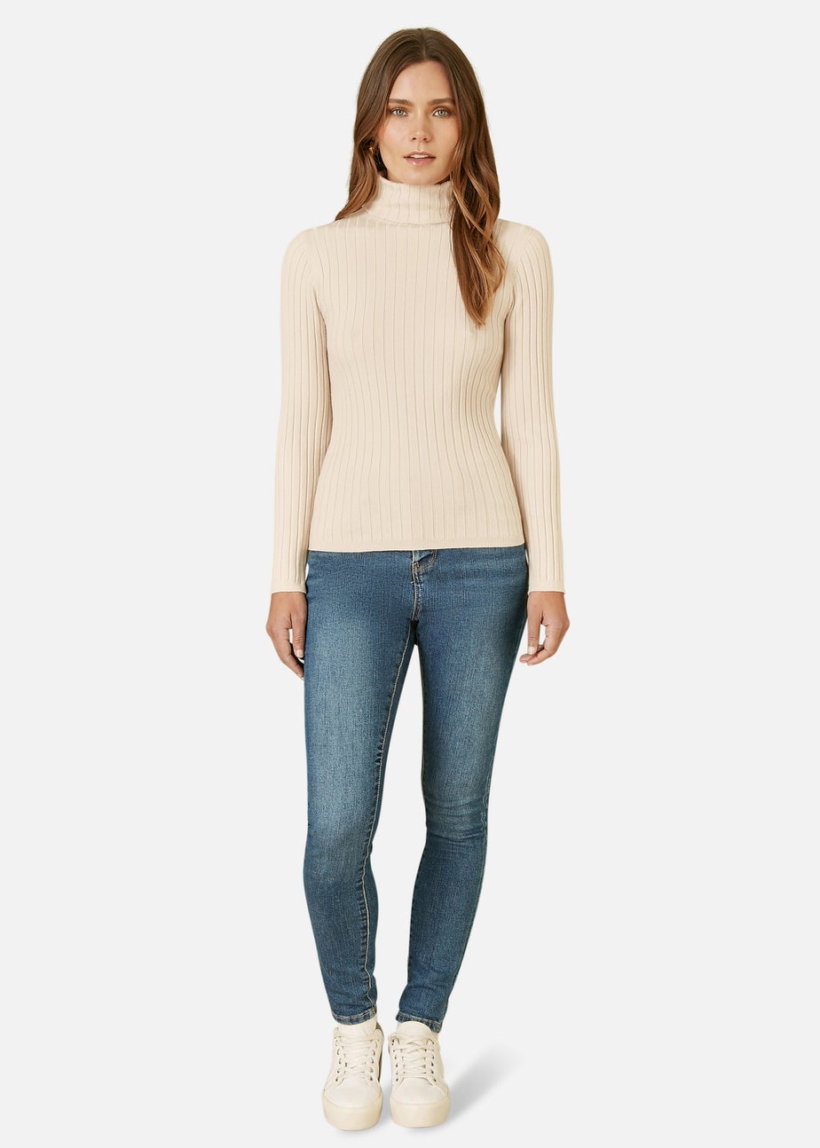 Mela Oatmeal Ribbed Knit Roll Neck Jumper