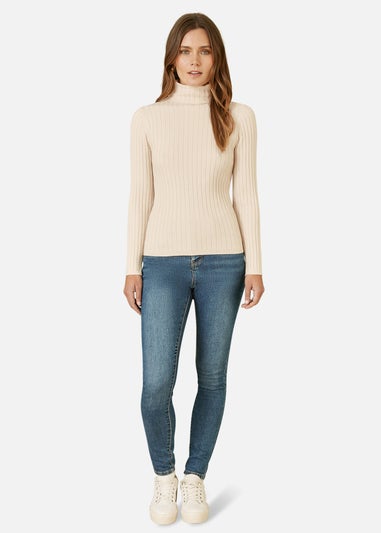 Mela Oatmeal Ribbed Knit Roll Neck Jumper