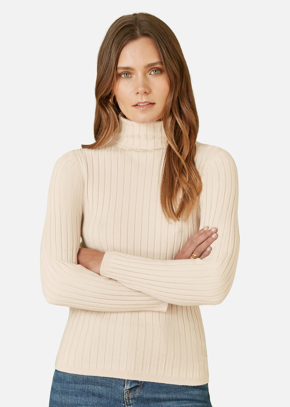 Mela Oatmeal Ribbed Knit Roll Neck Jumper
