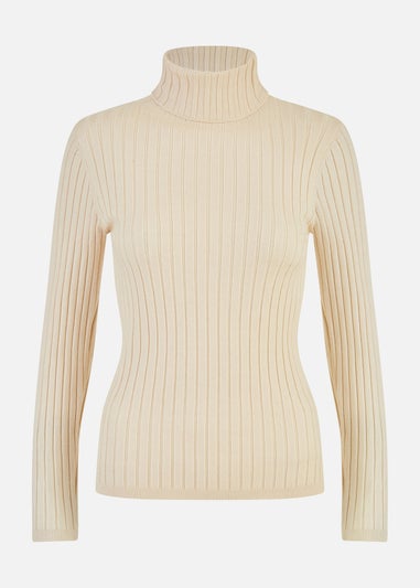Mela Oatmeal Ribbed Knit Roll Neck Jumper