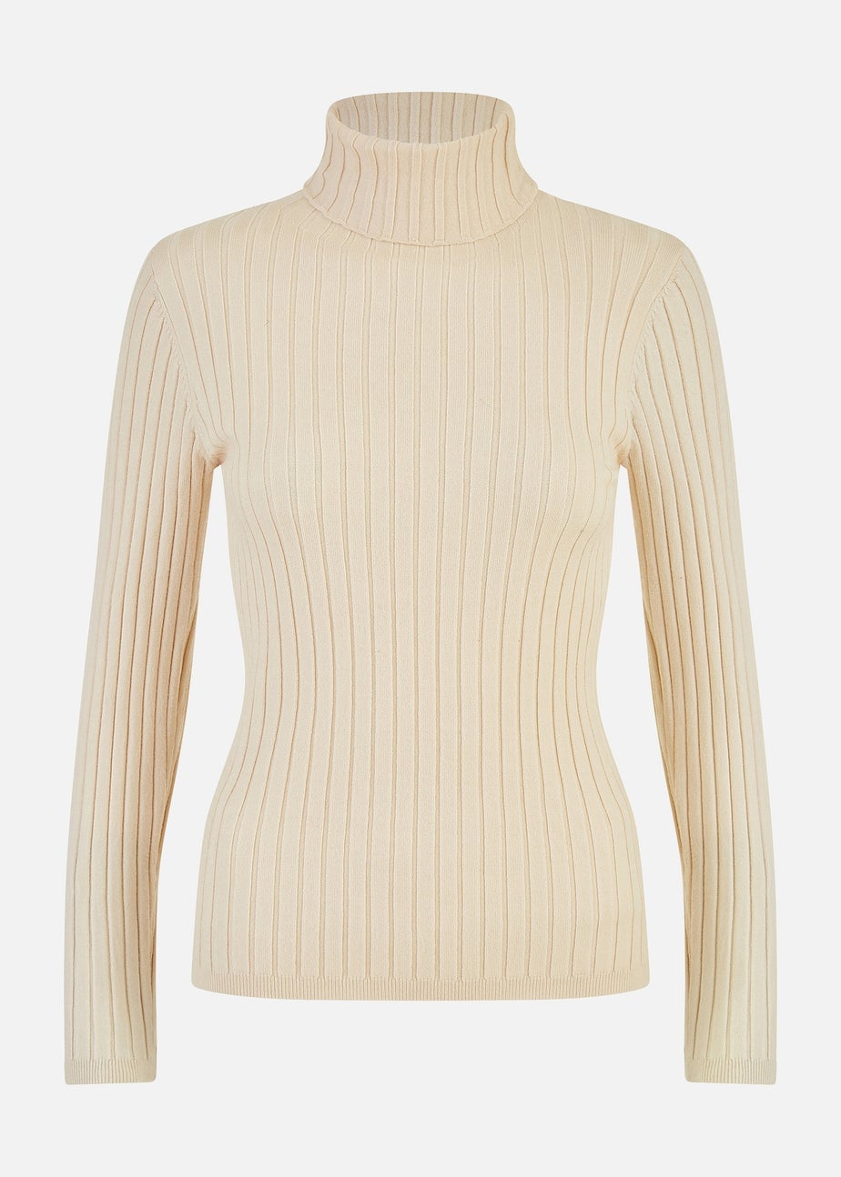 Mela Oatmeal Ribbed Knit Roll Neck Jumper