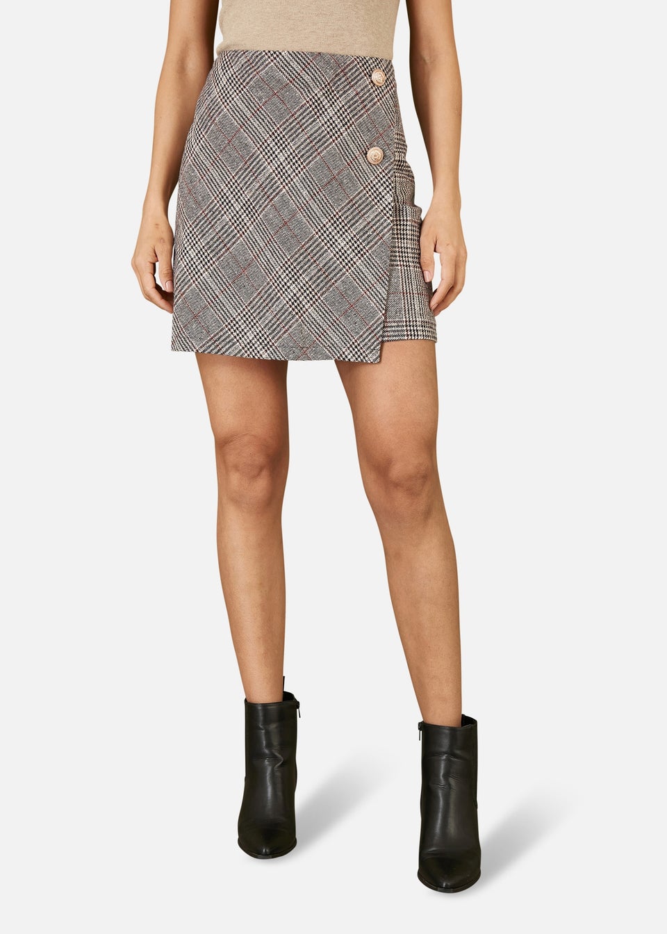 Mela Grey Checked Wrap Mini Skirt With Button Detail