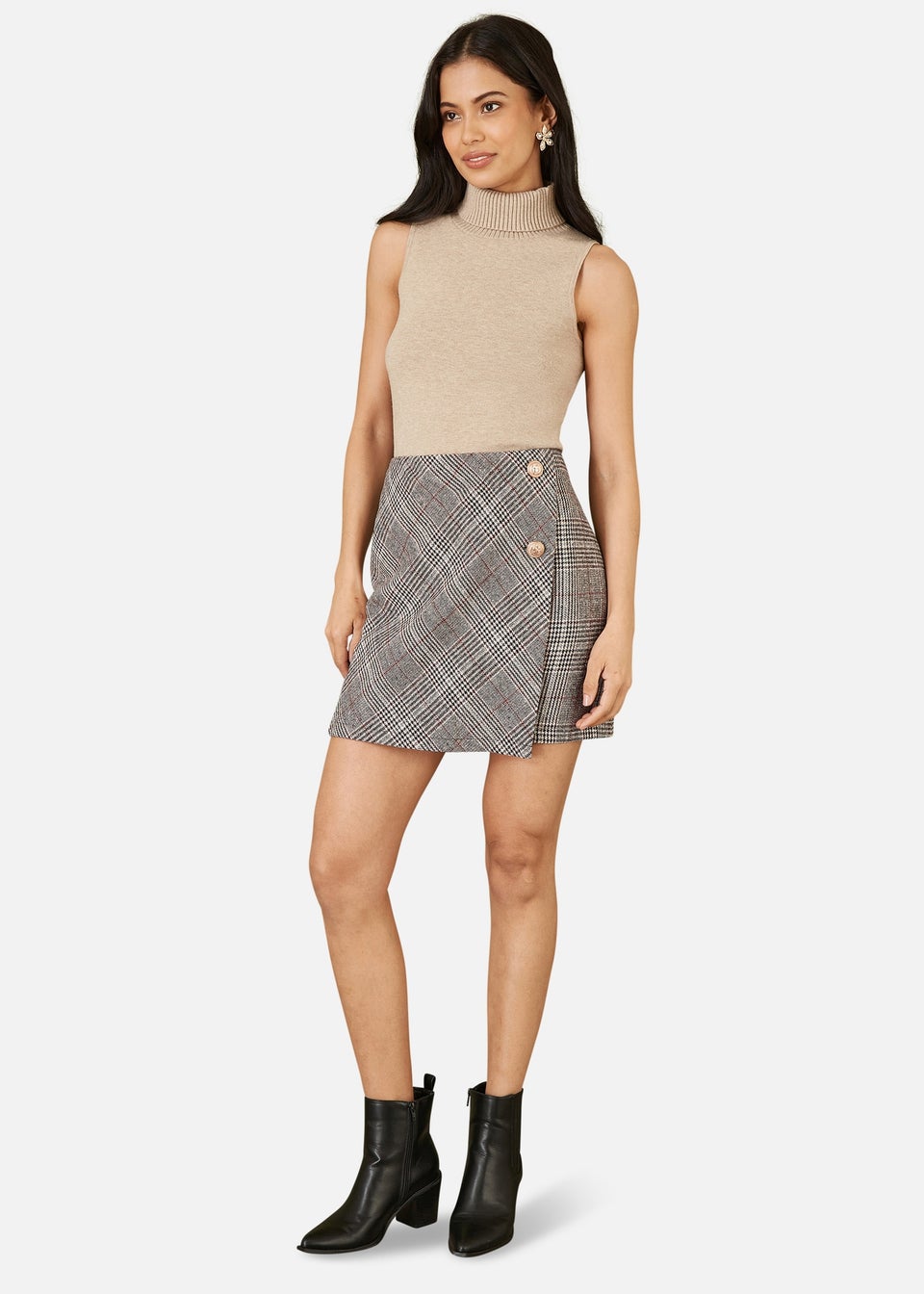 Mela Grey Checked Wrap Mini Skirt With Button Detail