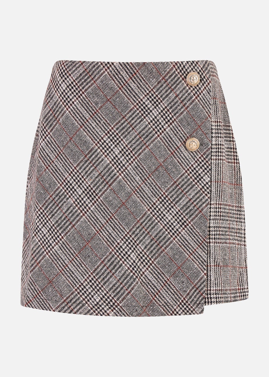 Mela Grey Checked Wrap Mini Skirt With Button Detail