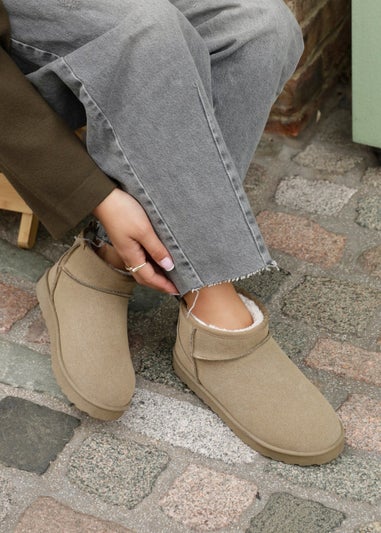 Linzi Ultra Mini Addy Khaki Faux Suede Faux Fur Lined Ultra Mini Ankle Boot