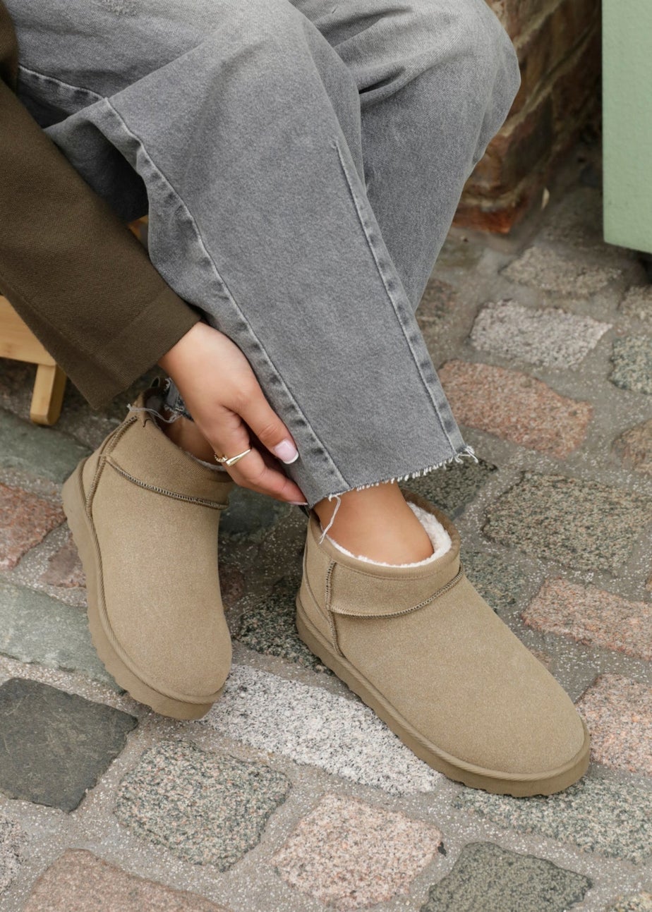 Linzi Ultra Mini Addy Khaki Faux Suede Faux Fur Lined Ultra Mini Ankle Boot