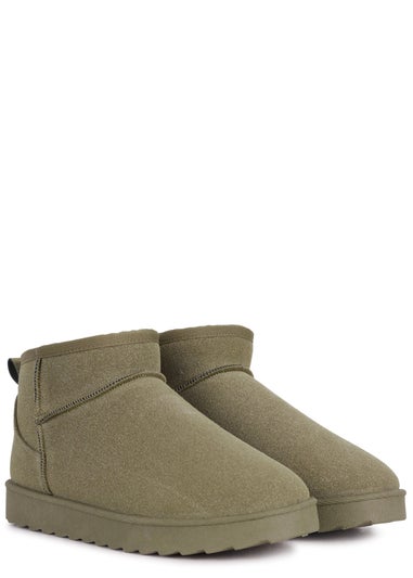 Linzi Ultra Mini Addy Khaki Faux Suede Faux Fur Lined Ultra Mini Ankle Boot